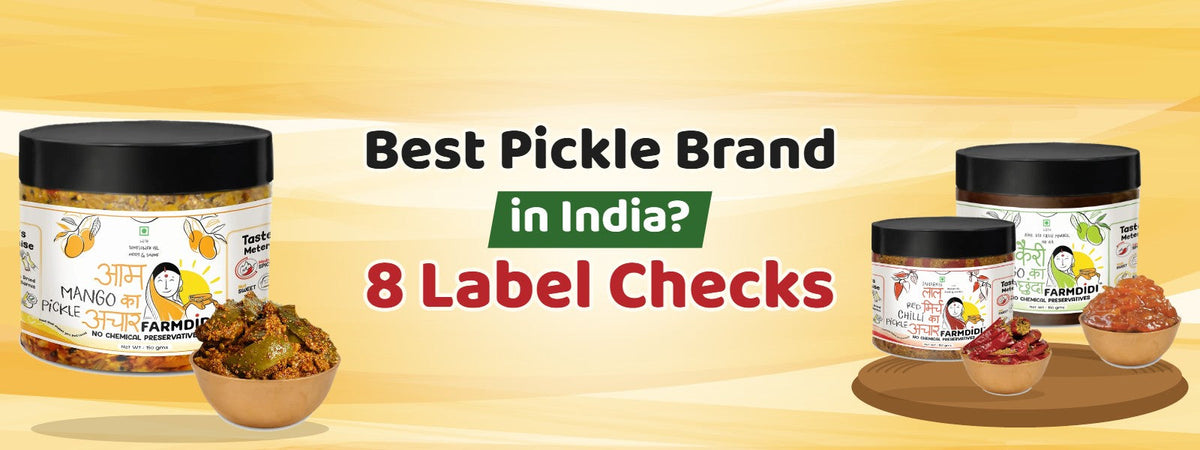 Best Pickle Brand in India? 8 Label Checks – FarmDidi Mango Pickle, Mango Chunda and Red Chilli Pickle jars