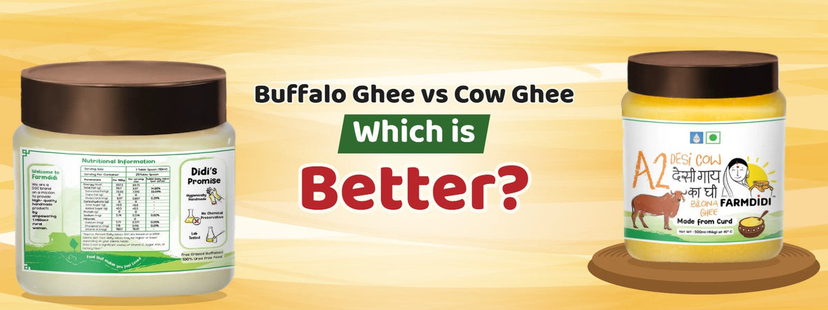 Buffalo Ghee vs Cow Ghee: Which is Better? – FarmDidi A2 Buffalo Ghee and A2 Cow Ghee jars