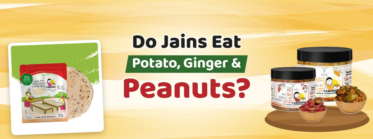 Do Jains Eat Potato, Ginger and Peanuts? – FarmDidi Punjabi Masala Papad pack, Mango Pickle jar and Red Chilli Pickle jar