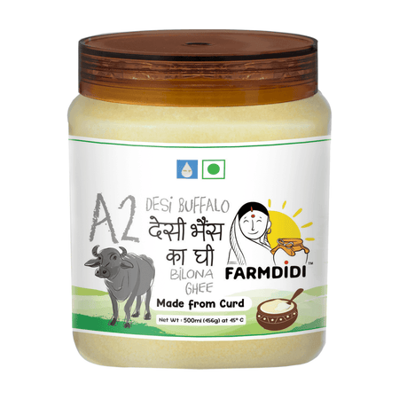 Jar of Farmdidi A2 Desi Buffalo Ghee with a brown lid on a white background