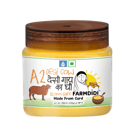 Jar of Farmdidi A2 cow ghee with a brown lid on a white background