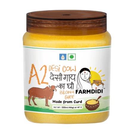 Jar of Farmdidi A2 Desi Cow Ghee with a brown lid on a white background