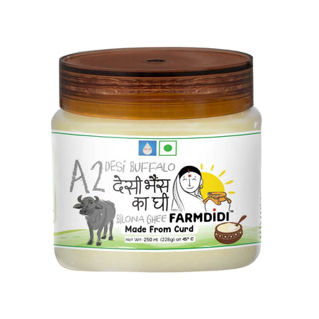 Jar of Farmdidi A2 Desi Buffalo Ghee with a lid on a white background
