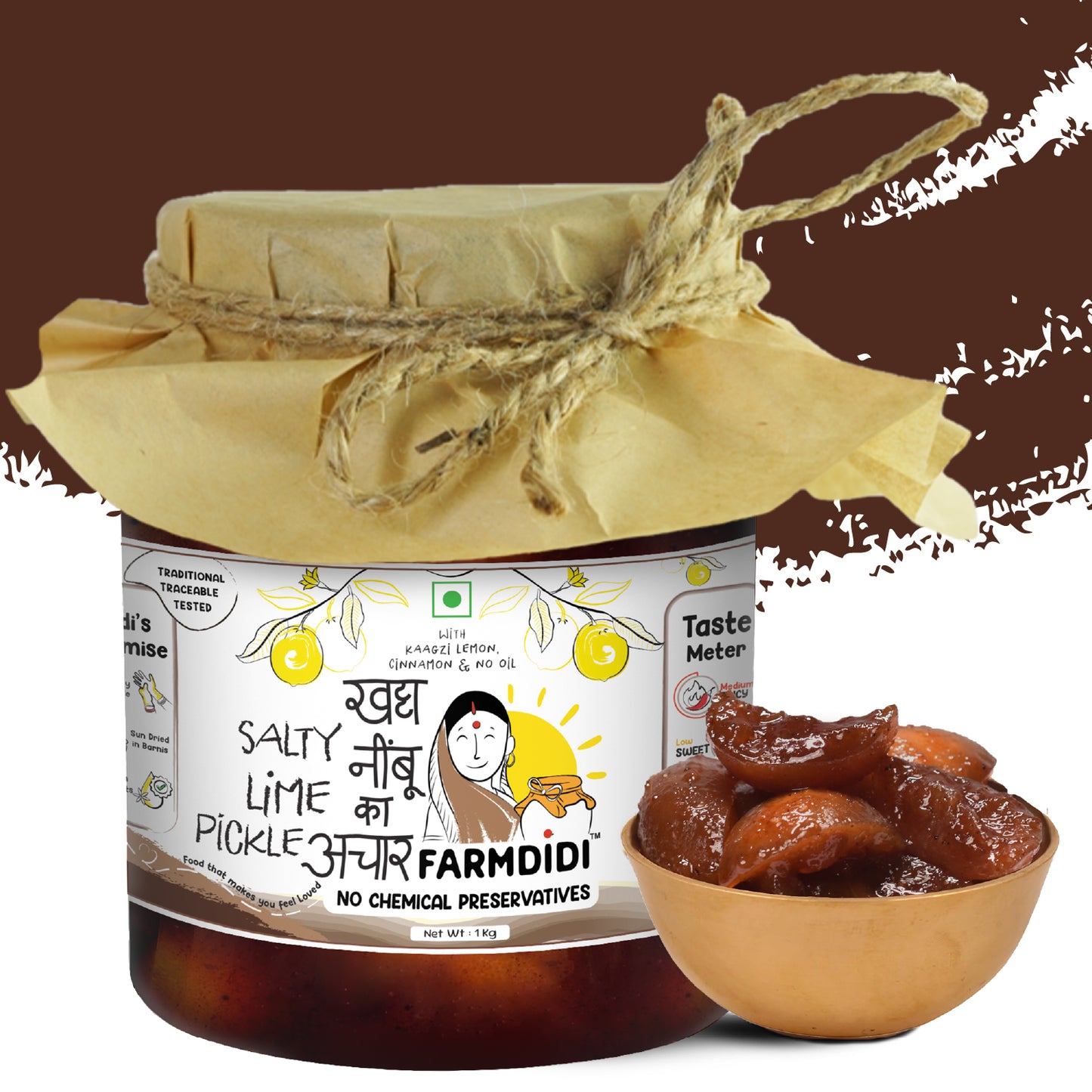 Jar of Farmdidi salty lime pickle with a bowl of pickle on a brown background