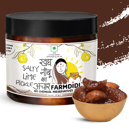 FarmDidi salty lime pickle 325 g jar with a bowl of soft kaagzi lemon pieces in spiced syrup