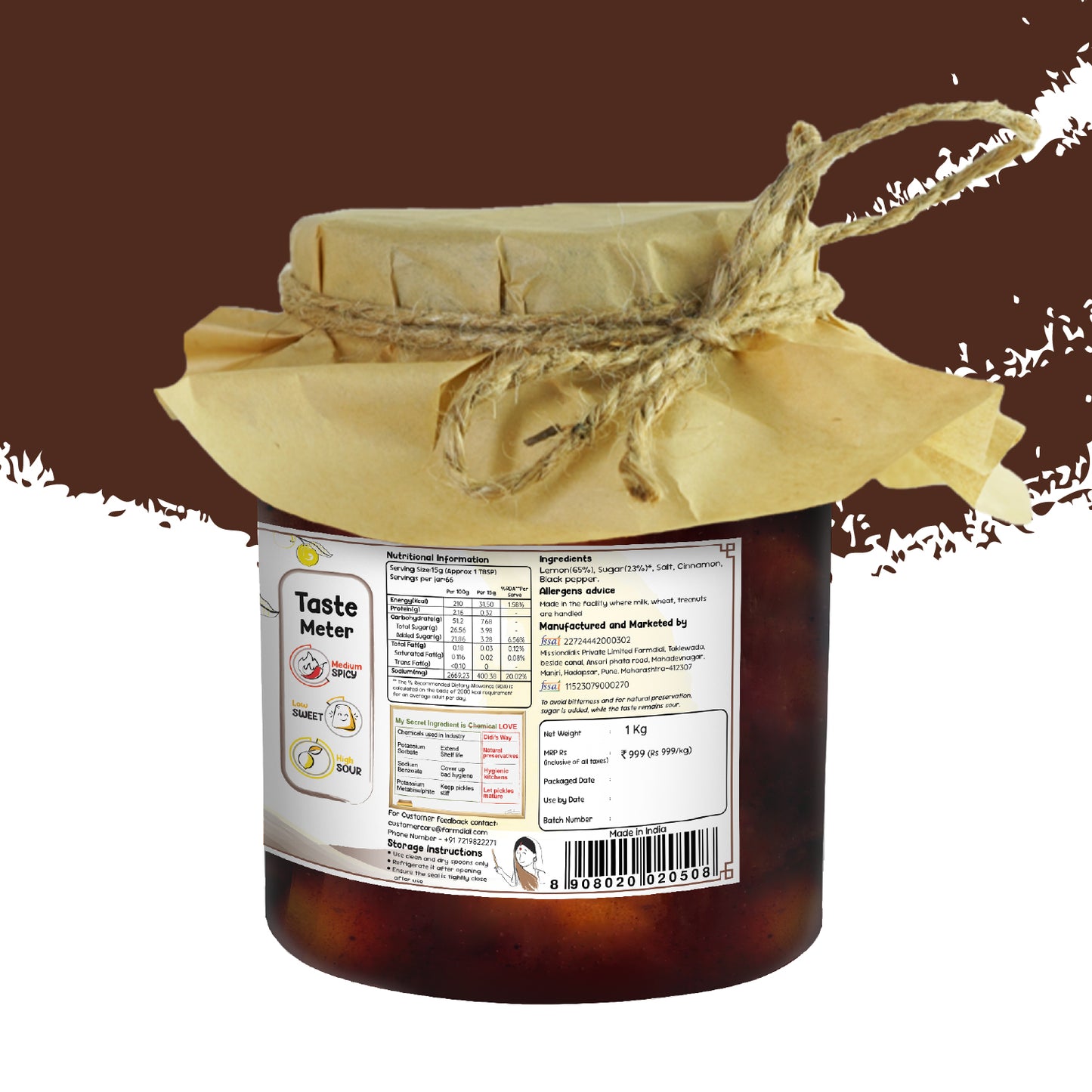 Jar of farmdidi salty lime pickle with a label containing product details on a background