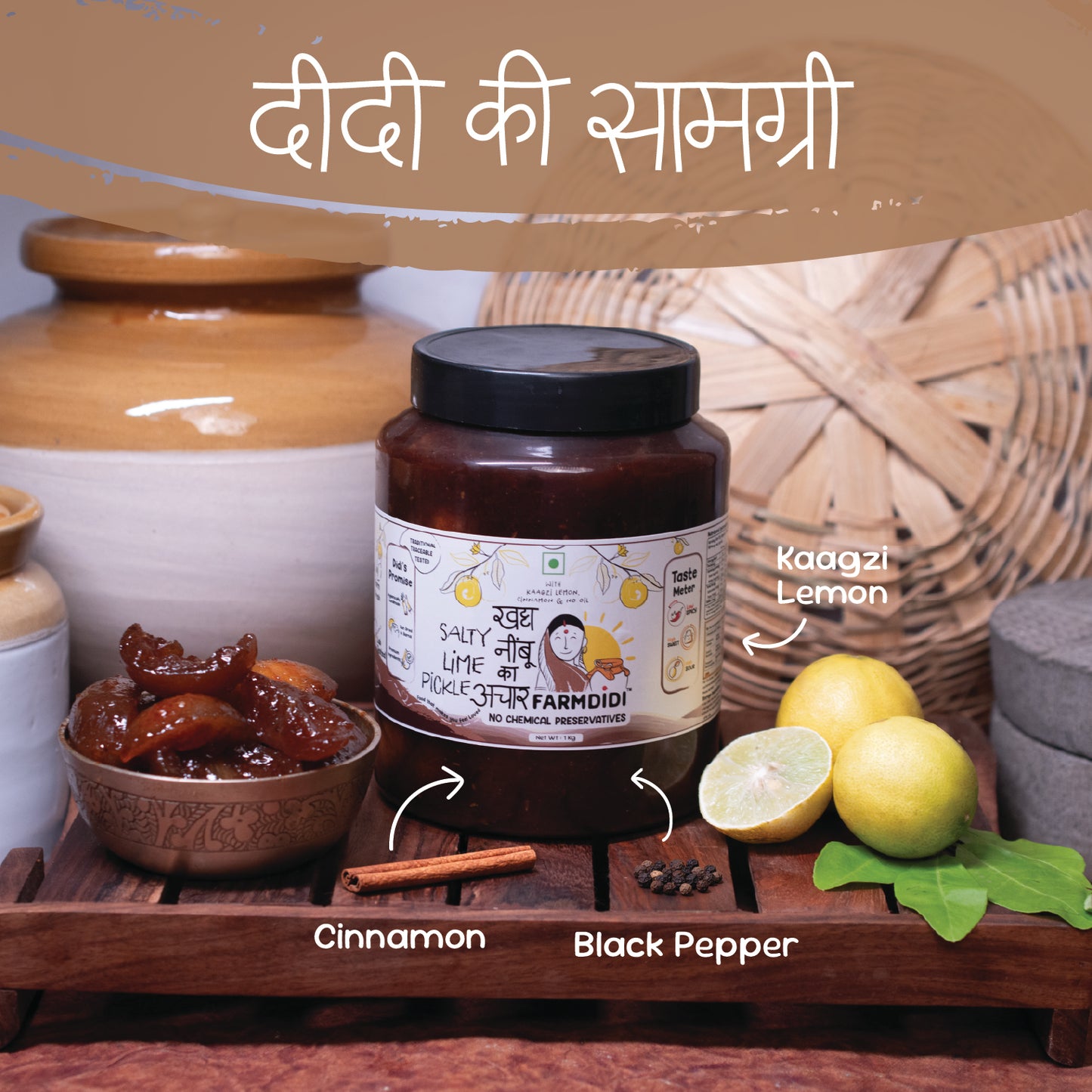 1 Kg jar of Famdidi salty lime pickle with ingredients like lemon, cinnamon, and black pepper on a wooden tray.