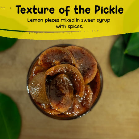 Close-up of khatta meetha lemon pickle with whole lemon pieces in sweet spiced syrup