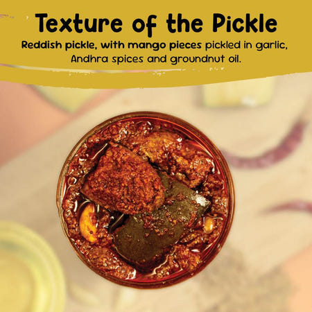 Close-up of Andhra avakaya with mango pieces in groundnut oil, garlic and Guntur chilli