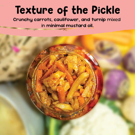 Close-up texture of gajar gobhi shalgam achar with crunchy carrot, cauliflower and turnip in mustard oil