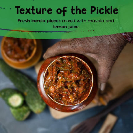 Close-up texture of karela ka achar with fresh bitter gourd pieces in masala and lemon juice