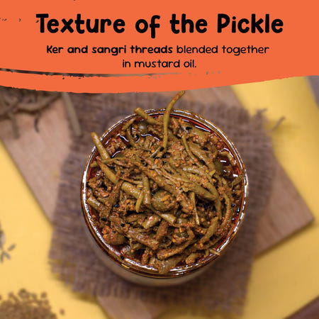 Close-up texture of ker sangri achar with sangri beans and ker berries blended in mustard oil