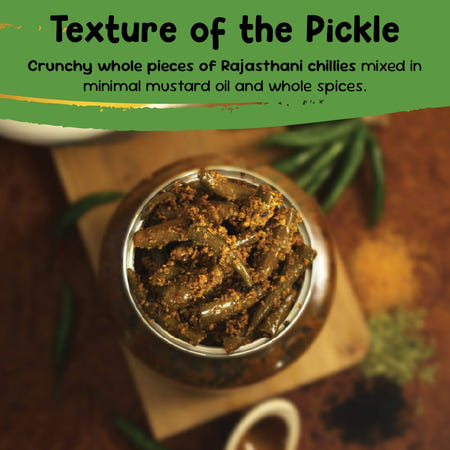 Close-up texture of Rajasthani green chilli pickle with crunchy whole chillies in mustard oil