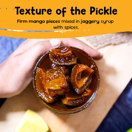 Close-up of sweet mango pickle with firm mango pieces in jaggery syrup and spices