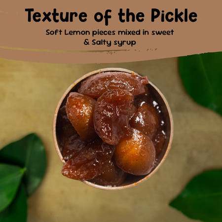 Close-up of salty lime pickle with soft whole lemon pieces in sweet and salty syrup