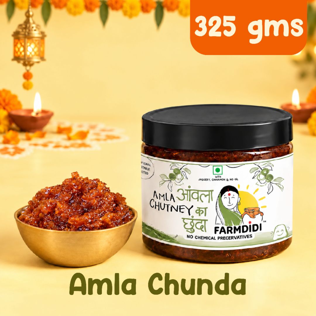 A jar of Farmdidi Amla Chutney next to a small brass bowl filled with the chunky red-brown chutney, on a pale yellow background with text reading '325 gms' and 'Amla Chunda'.
