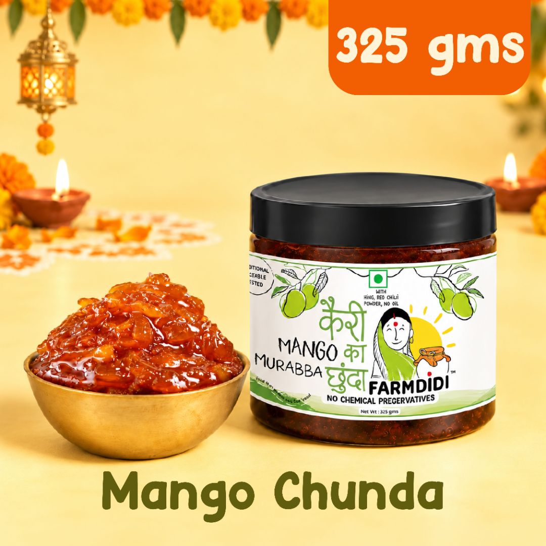 A jar of Farmdidi Mango Chunda next to a small gold bowl filled with the thick mango chutney, set against a solid pale yellow background with text overlays indicating '325 gms' and 'Mango Chunda'.