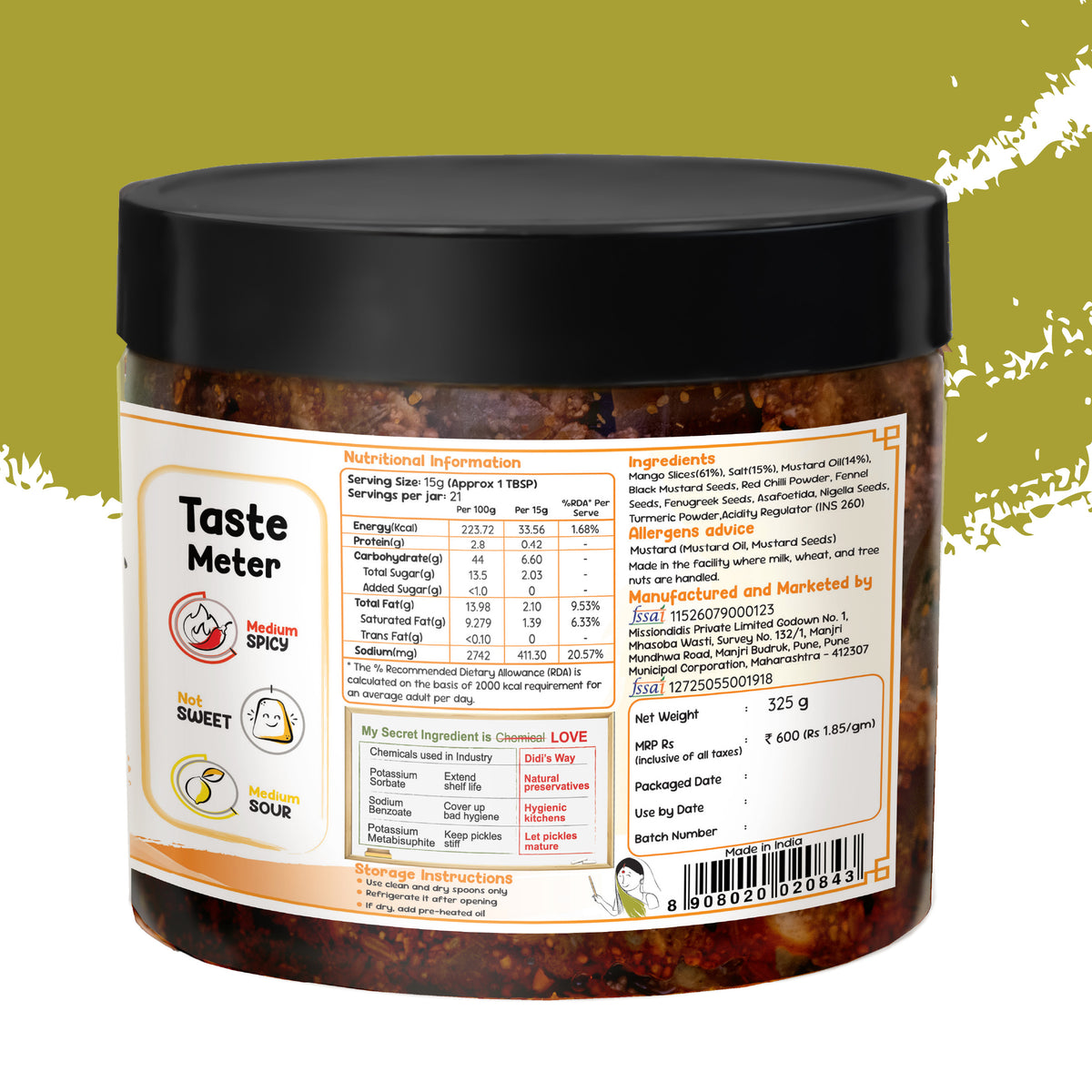 FarmDidi dry mango pickle label showing ingredients, nutrition information and taste meter