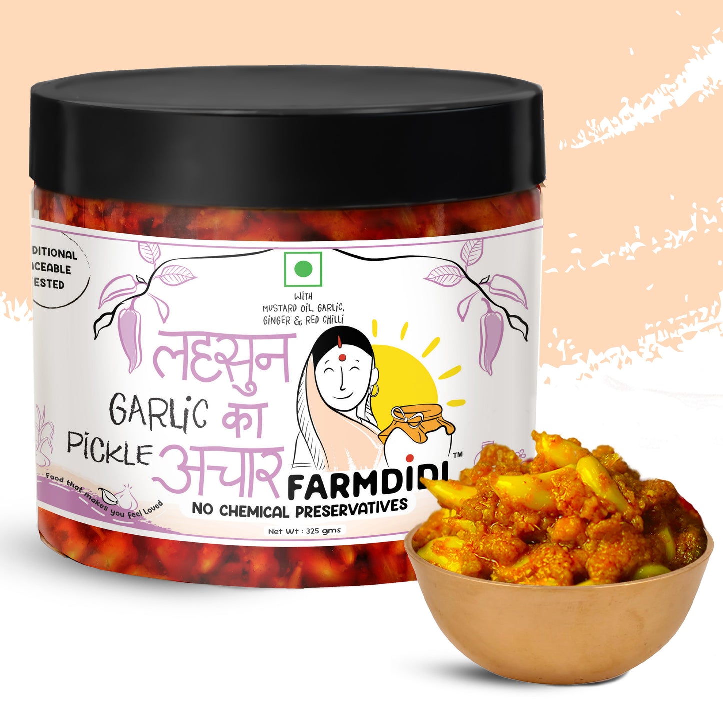 Jar of Farmdidi Garlic Pickle with a bowl of pickled garlic on a light pink background