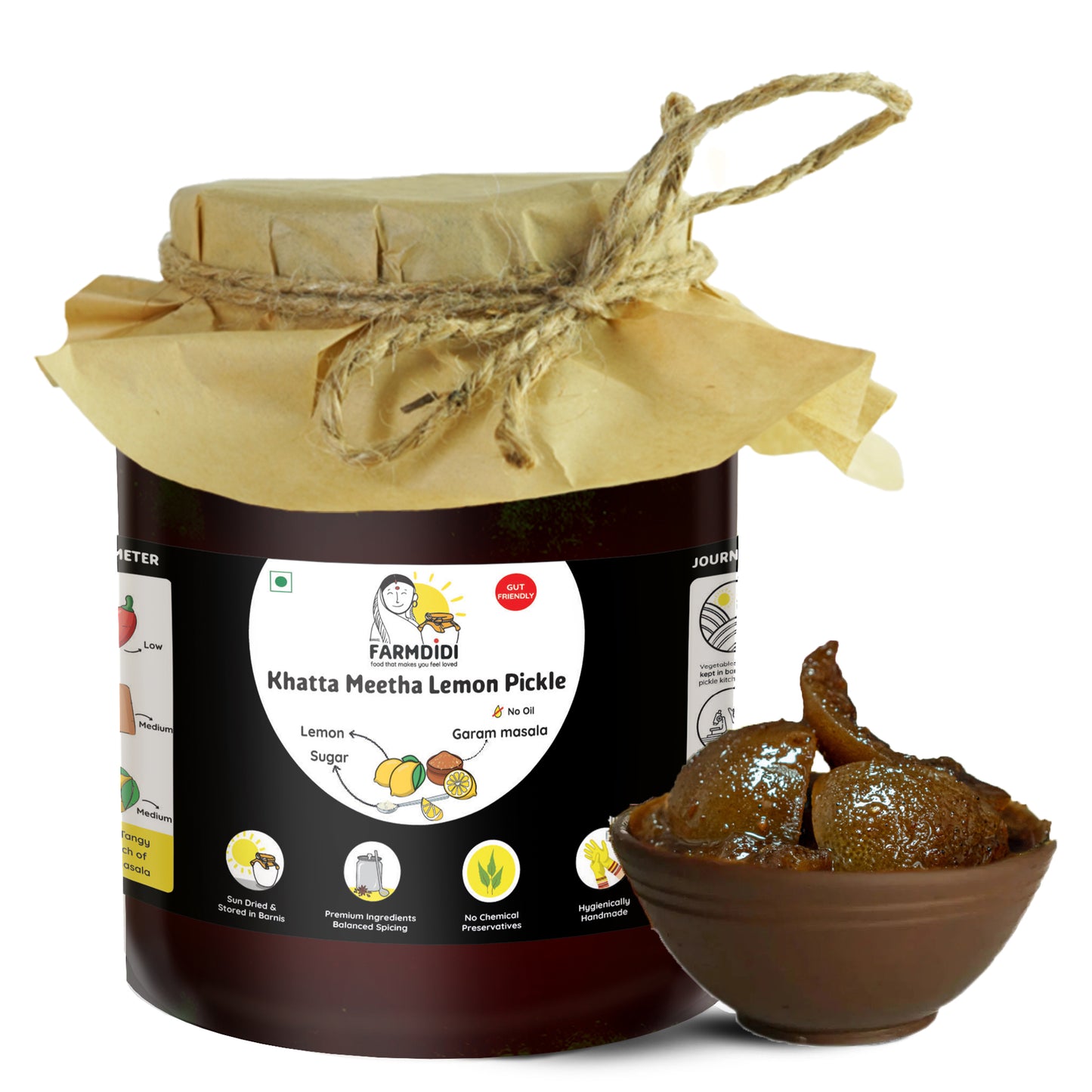 1 kg khatta meetha aam ka achar by FarmDidi. It is oil-free lemon pickle that is sweet and sour.