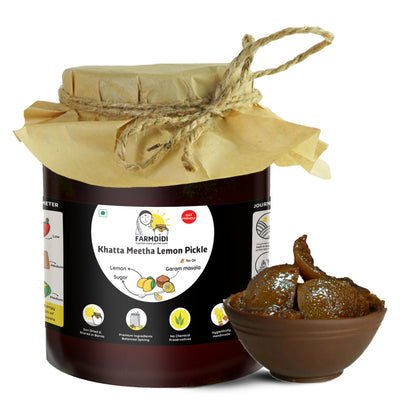 1 kg khatta meetha aam ka achar by FarmDidi. It is oil-free lemon pickle that is sweet and sour.