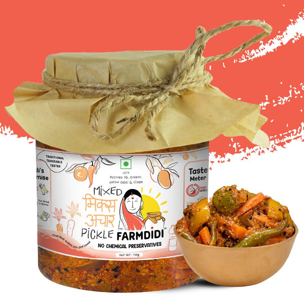 Jar of Farmdidi mixed pickle with a small bowl of pickle