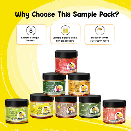 Eight 75g jars in the FarmDidi pickle sample pack for trying flavours before buying big