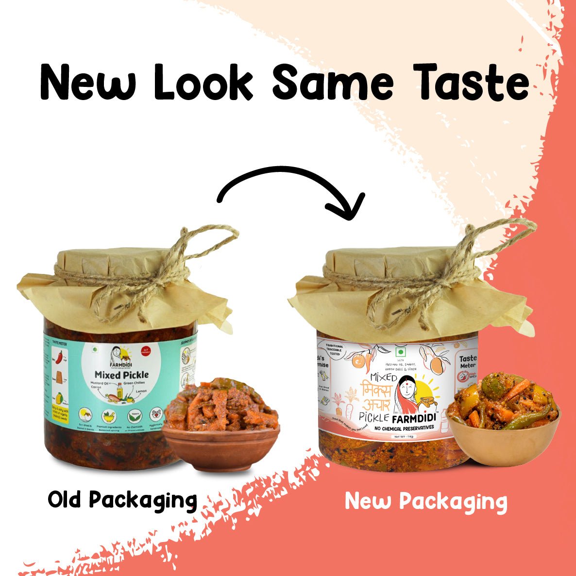 Comparison of old and new pickle packaging of Farmdidi mixed pickle