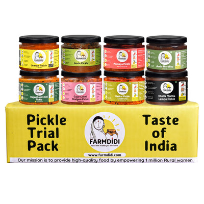 FarmDidi's taste of India trial pack. It contains pickles from all over India that represent different traditions.