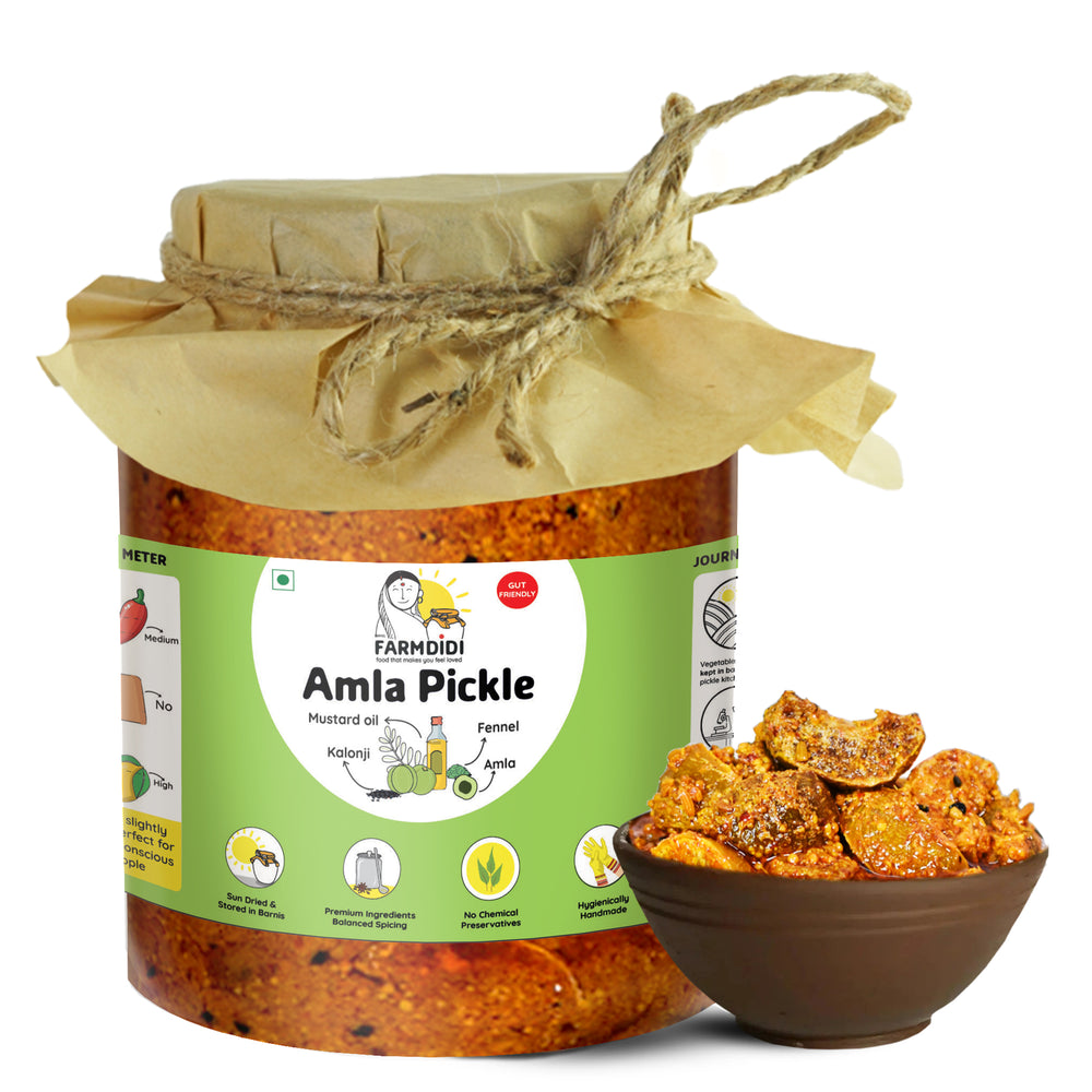 
                  
                    1 kg jar of Amla Pickle by FarmDidi. It is made using mustard oil and other premium ingredients.
                  
                