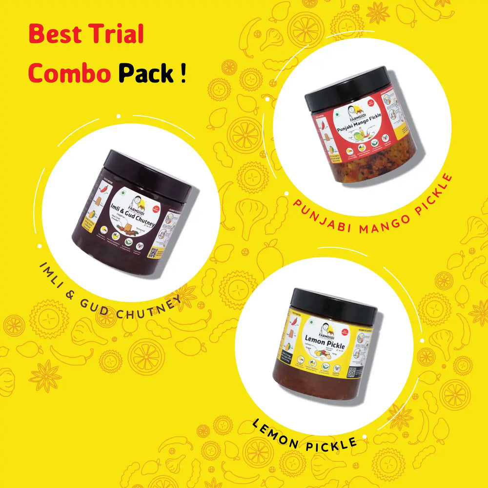 
                  
                    Images of Imli Chutney, punjabi mango pickle and lemon pickle 
                  
                