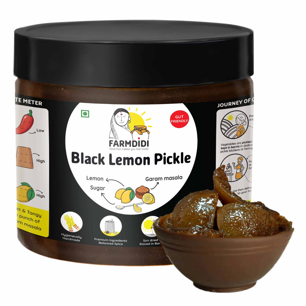 
                  
                    FarmDidi 325g Black Lemon Pickle is oil free with lemon, sugar and garam masala, homemade with no preservatives
                  
                