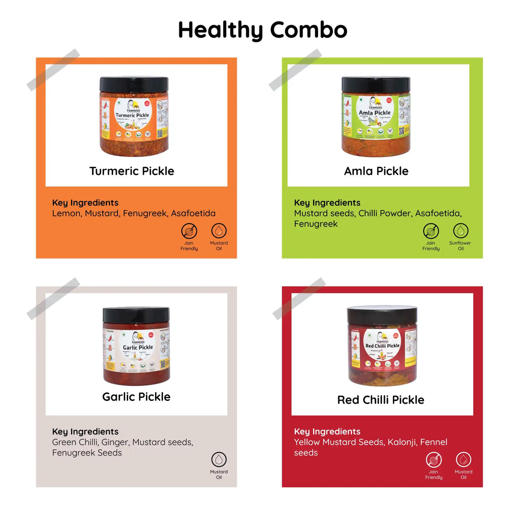 
                  
                    Combo pack of pickle of 325 grams showing four products by FarmDidi.
                  
                