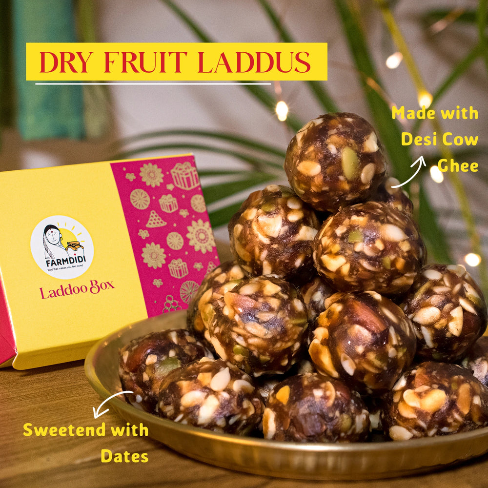 Dry fruit laddoo by FarmDidi. Indian sweet, can be gifted to your loved ones. Sweetened with dates.