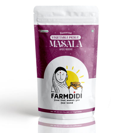 Packaging of Farmdidi Vegetable Pickle Masala on a white background