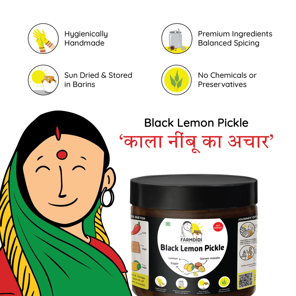 
                  
                    FarmDidi Black Lemon Pickle with key USPs shown: hygienically handmade, sun-dried, no chemicals preservatives, made with premium spices.

                  
                