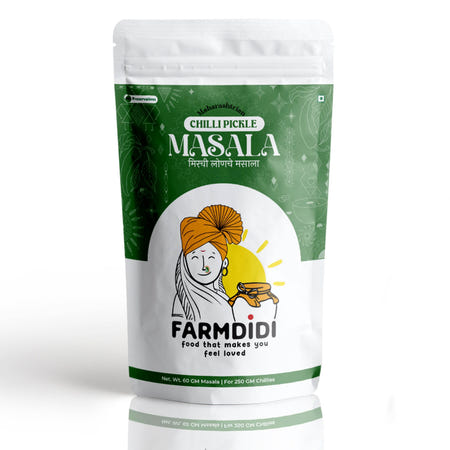 Packaging of Farmdidi Chilli Pickle Masala on a white background