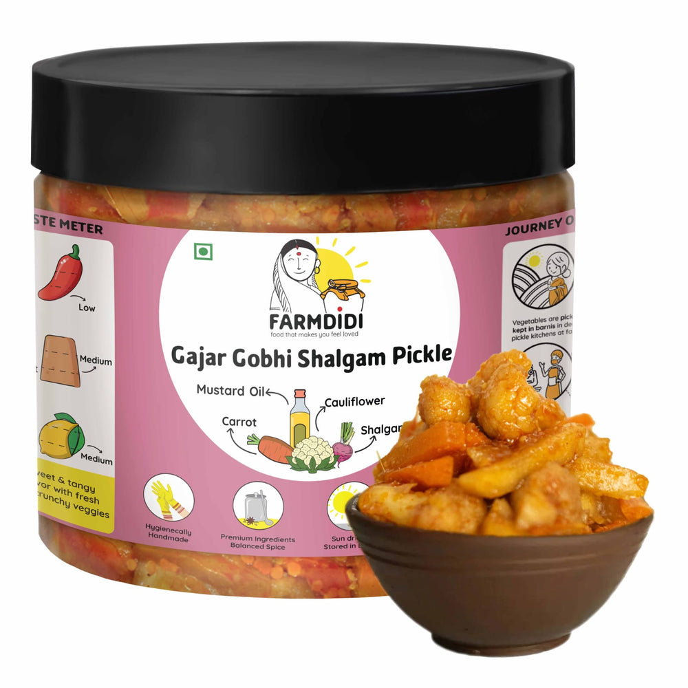 
                  
                    FarmDidi 325g Gajar Gobi Shalgam made with Mustard oil, carrot, cauliflower and shalgam, homemade with no preservatives, sweet and tangy flavour
                  
                