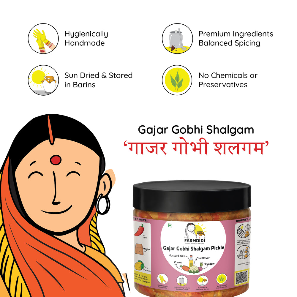 
                  
                    FarmDidi Gajar Gobi Shalgam Pickle with key USPs shown: hygienically handmade, sun-dried, no chemicals preservatives, made with premium spices
                  
                