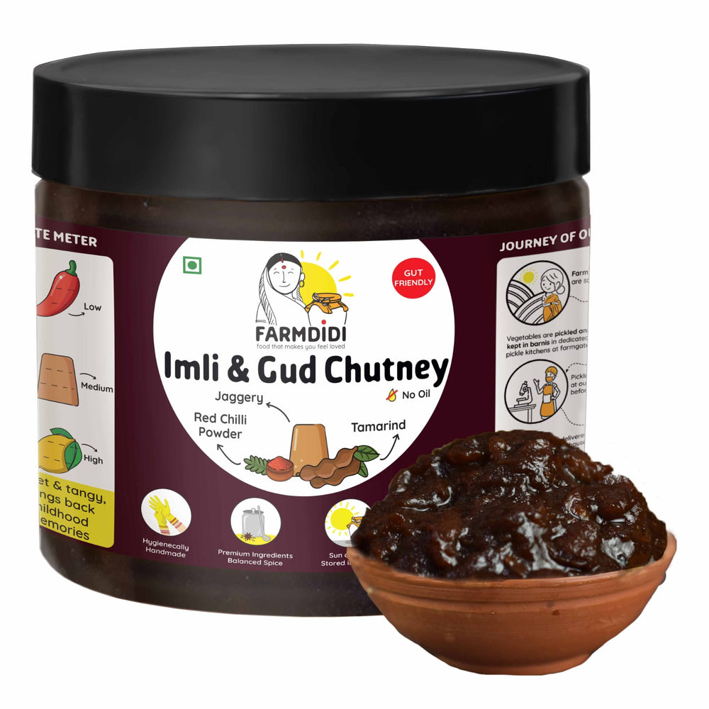 
                  
                    FarmDidi 325g Imli Gud Chutney made with jaggery, red chilli powder and tamarind, homemade and no preservatives
                  
                