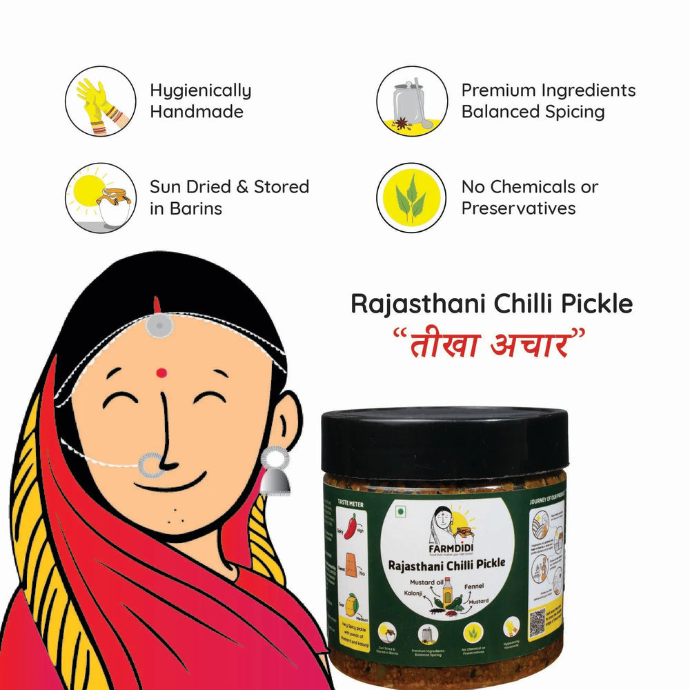 
                  
                    FarmDidi Rajasthani Chilli Pickle with  USPs shown: hygienically handmade, sun-dried, no chemicals preservatives, made with premium spices.

                  
                