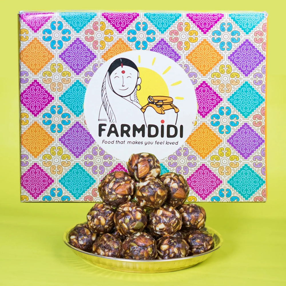 
                  
                    Dry fruit laddu, Indian sweet from Farmdidi. Giftbox ideas to give to your loved ones. Food that makes you feel loved.
                  
                