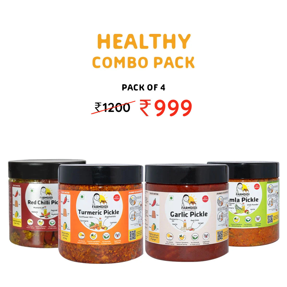 Image of the combo pack offered by Farmdidi. It shows the box of different pickles: red chilli, turmeric, garlic and amla.