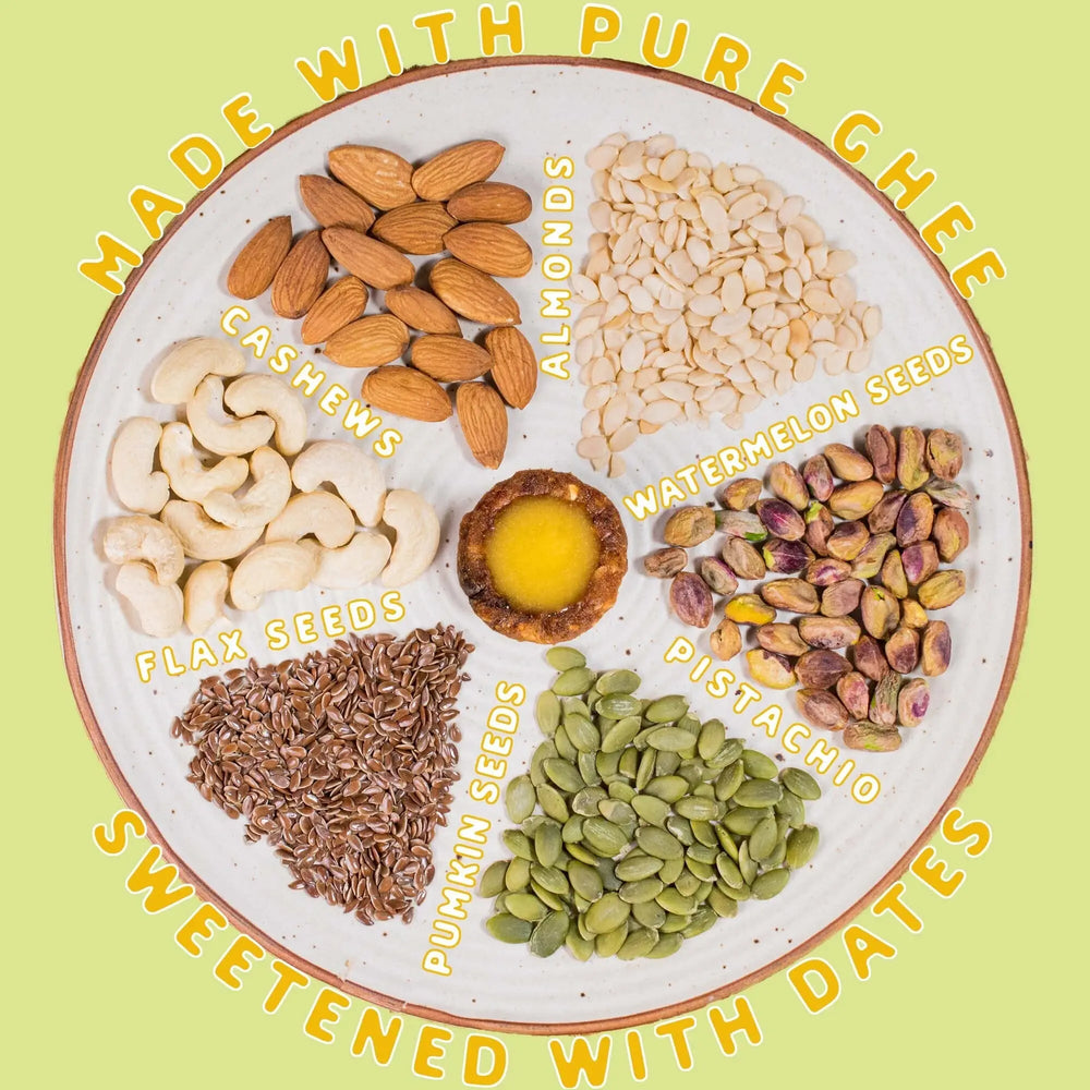 
                  
                    Ingredients of dry fruit laddoo: almonds, watermelon seeds, pistachio, pumpkin seeds, flax seeds, cashew
                  
                