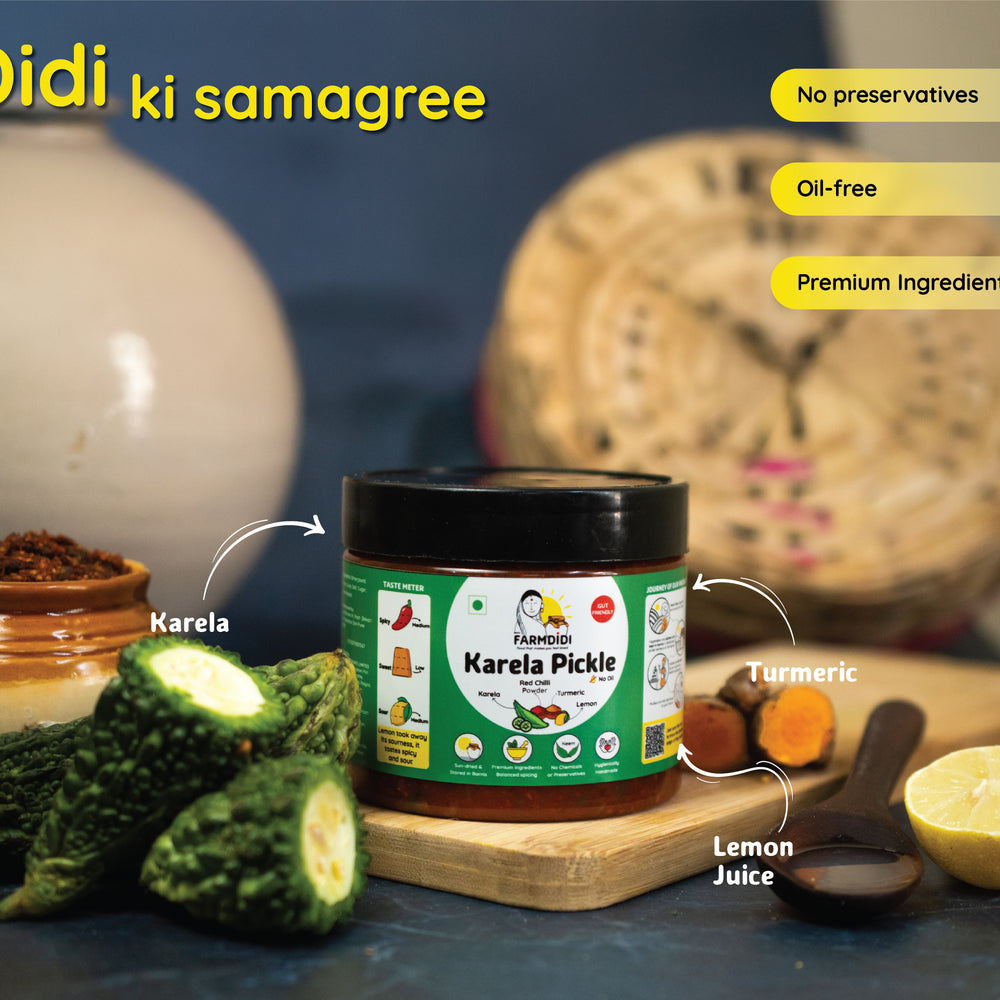 
                  
                    Karela Pickle Key ingredients- karela, turmeric and lemon juice
                  
                