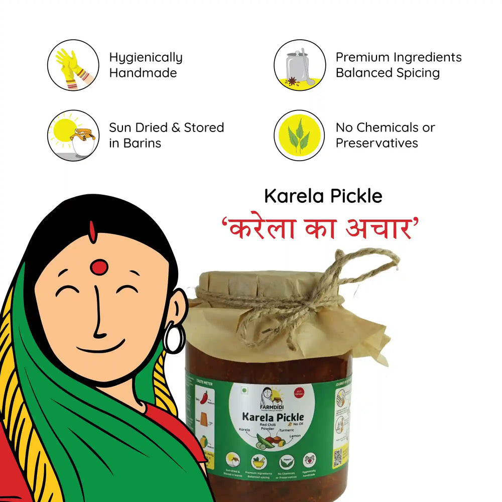 
                  
                    FarmDidi Karela Pickle with key USPs shown: hygienically handmade, sun-dried, no chemicals preservatives, made with premium spices.
                  
                