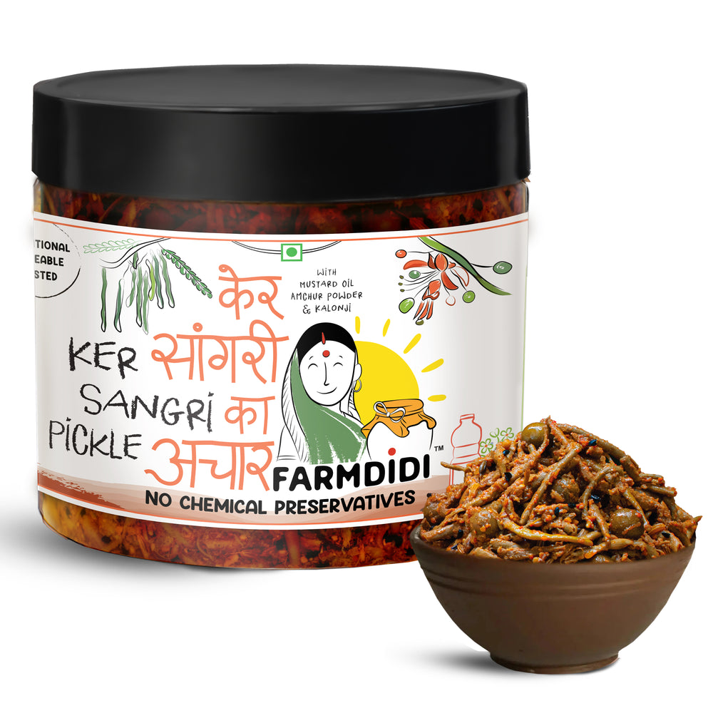 
                  
                    Jar of Farmdidi Ker Sangri Pickle with a bowl of pickle. Available in 325 grams and 1 kg.
                  
                
