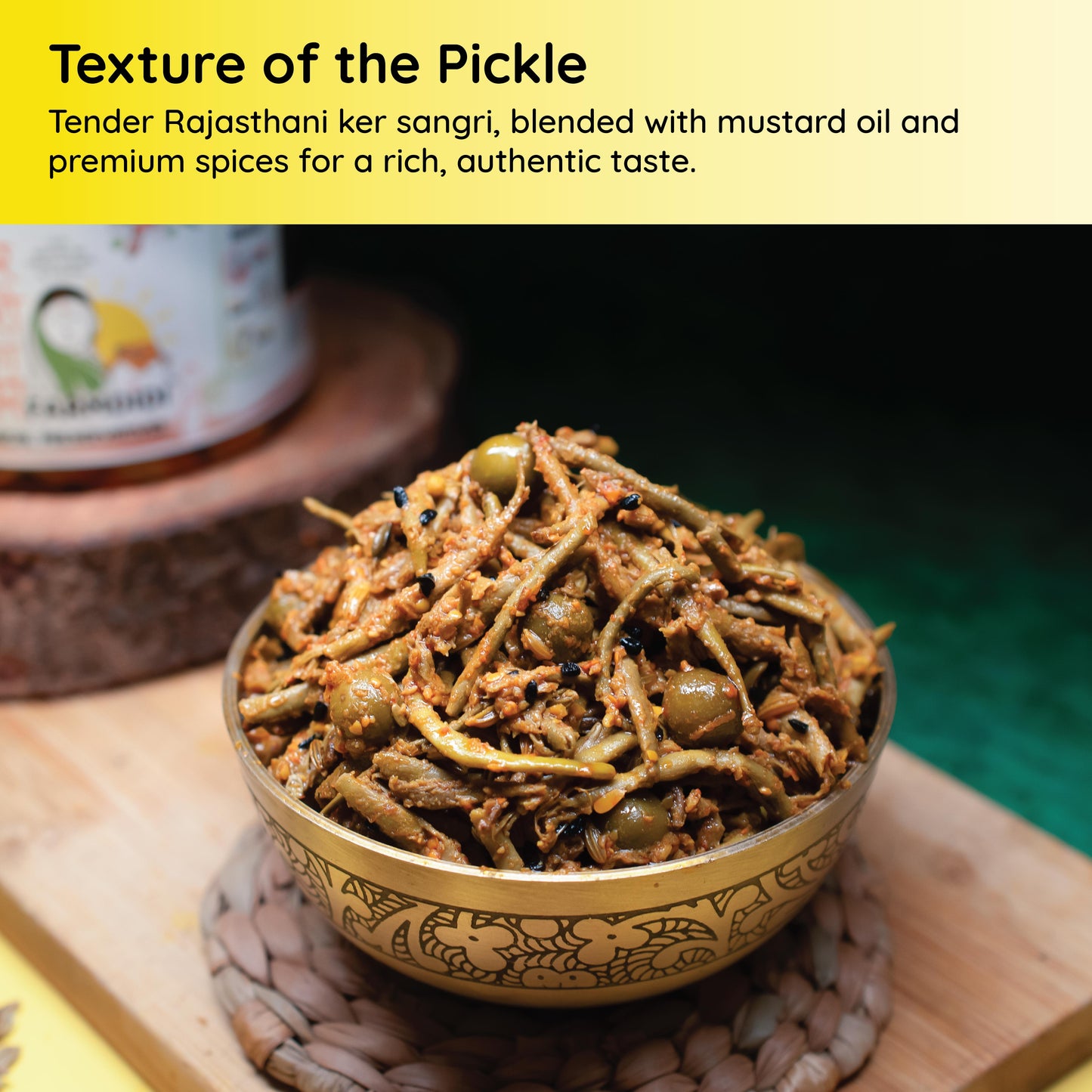 Texture of the FarmDidi ker sangri pickle. Made in mustard oil with premium spices.