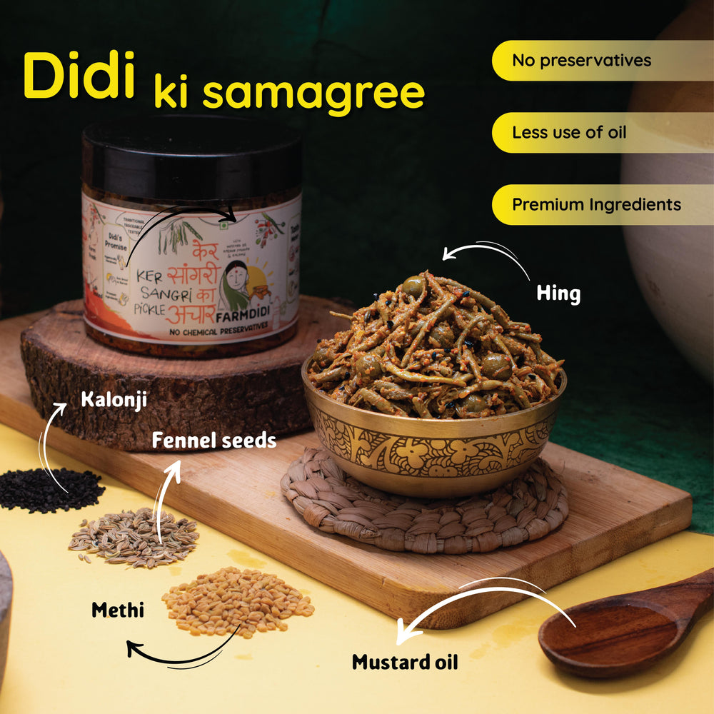 
                  
                    Key ingredients used in ker sangri pickles: kalonji, fennel seeds, methi dana, mustard oil, and hing
                  
                