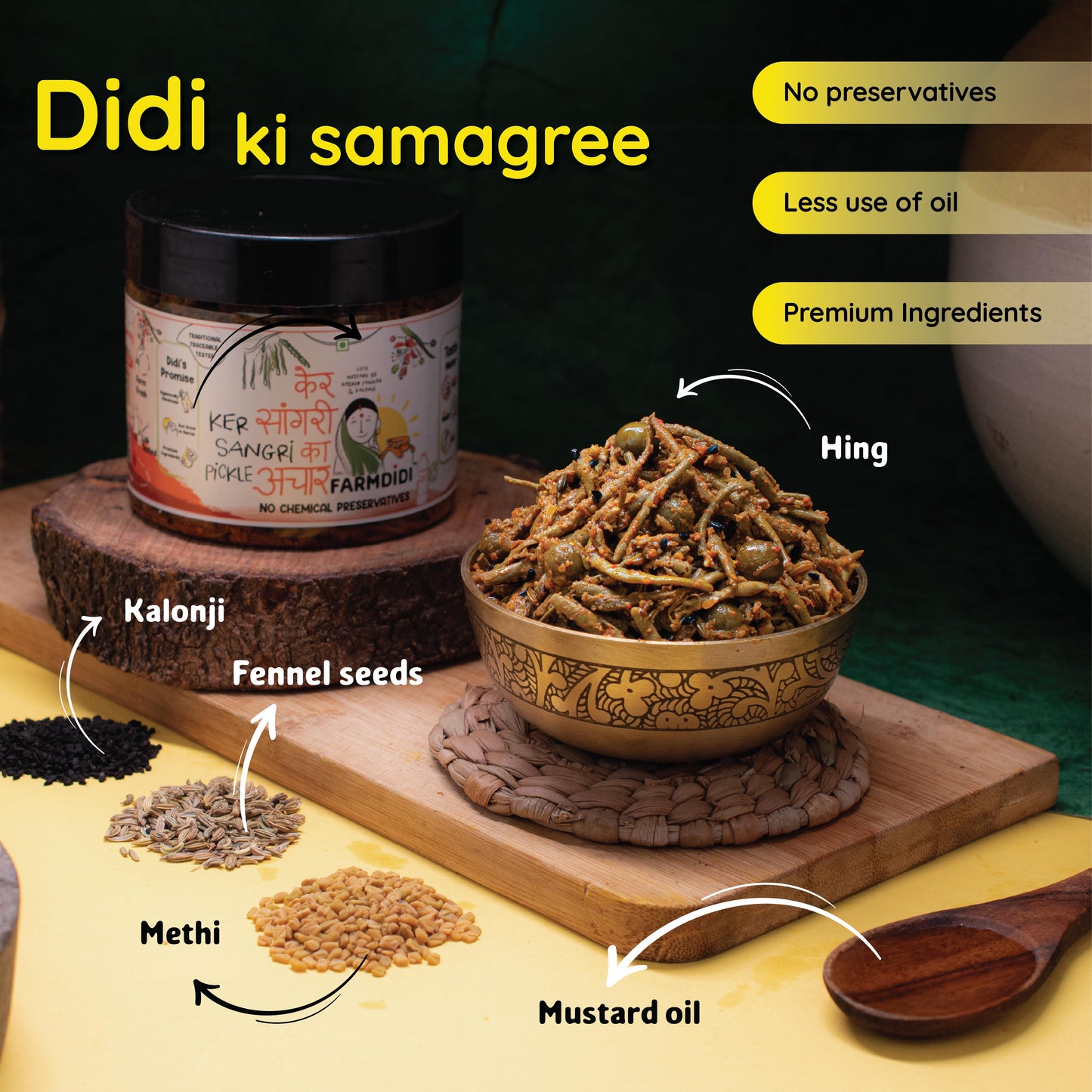 Key ingredients used in ker sangri pickles: kalonji, fennel seeds, methi dana, mustard oil, and hing